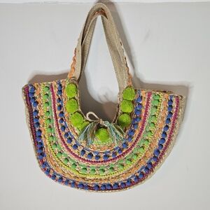 America & Beyond Bag 100% Jute  Pom-Poms Tassels Beads Straw Tote
